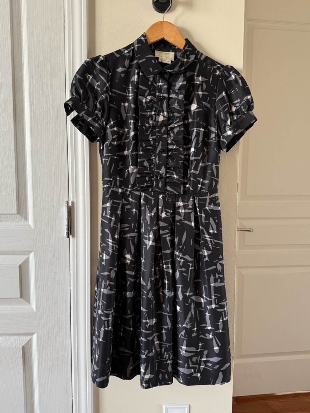Kate Spade Black and Gray Abstract Ruffle-Front Midi Dress